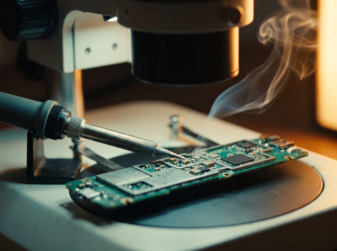 A green phone logic board on a microscope stage, a fine-tip soldering iron touching a pad and a thread of solder smoke rising through the warm light.